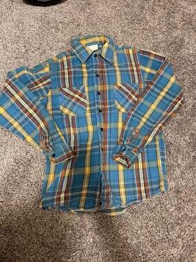 Vintage Kings Road Sears Heavy Plaid Flannel Shirt Blue Yellow Men's Medium